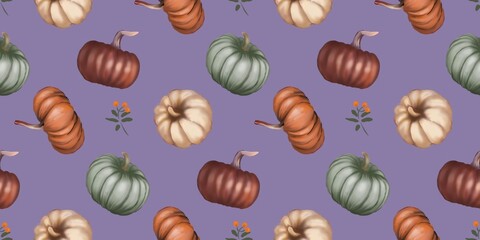 This seamless pattern features pumpkins in shades of green, orange, cream, and brown on a muted purple background. Small floral elements add charm, creating an autumnal, cozy feel.