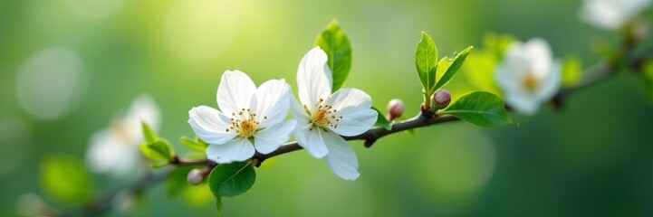 Obraz premium Elegant white plum blossom with blurred green leaves, blossom, macro, bloom
