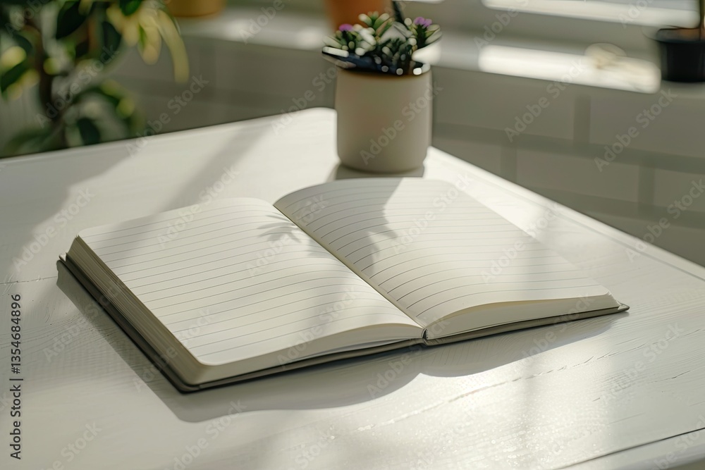 Poster vibrant color image of blank white ruled notebook on a white table