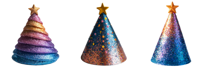 Festive party decorations with glittery christmas trees indoor celebration digital art colorful environment eye-level view on a transparent background