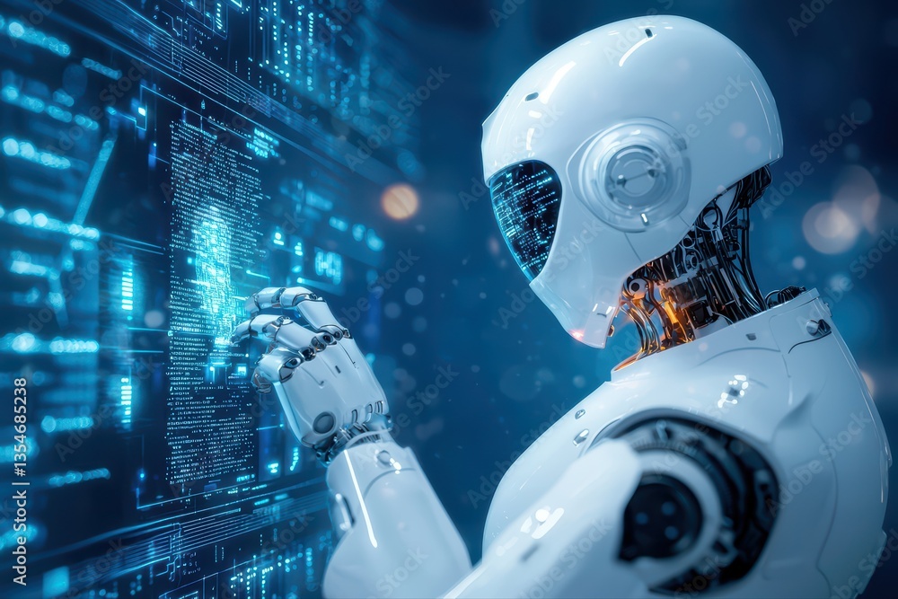Poster futuristic robot interacting with digital interface
