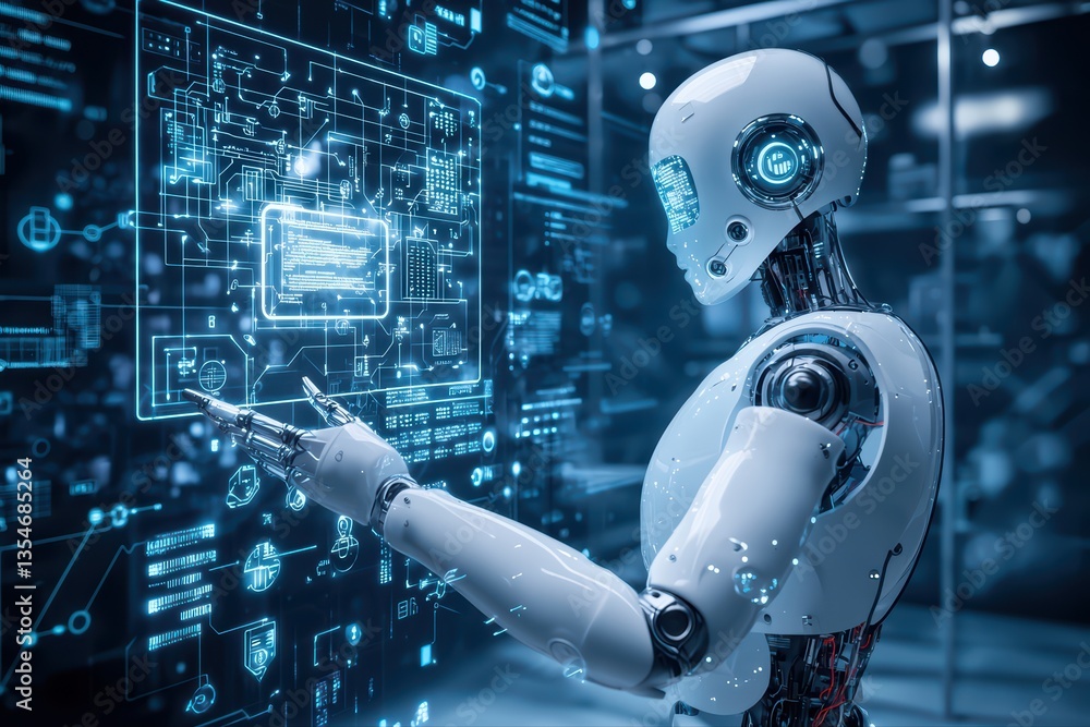 Poster futuristic robot analyzing data in digital space