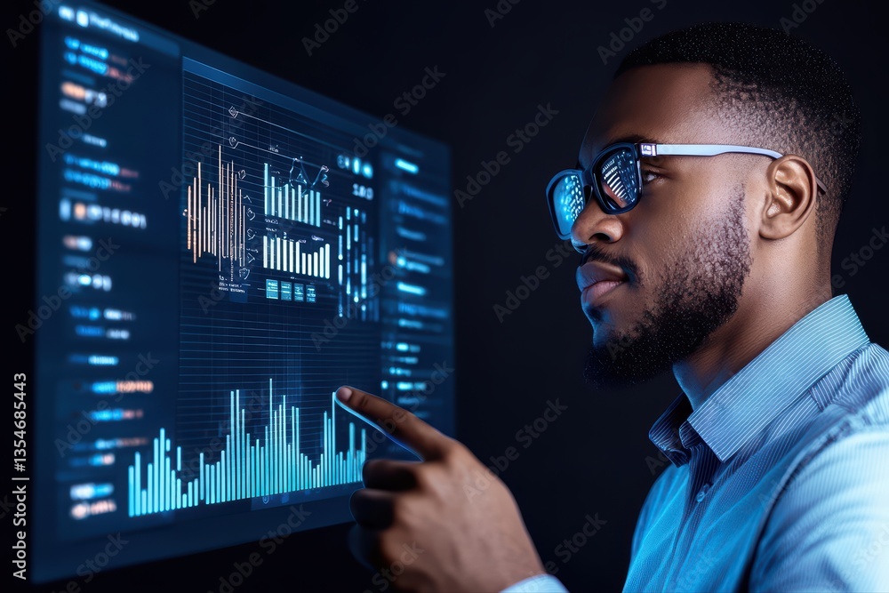 Poster modern data analyst engaging with digital interface