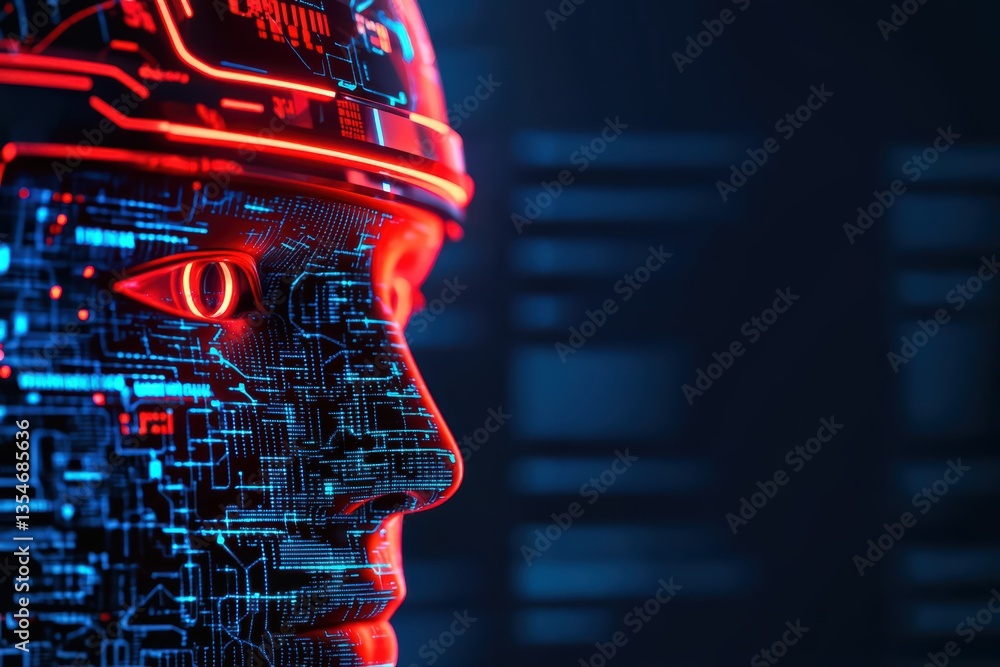 Poster Futuristic robot head with glowing circuit patterns