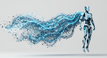 
Futuristic robot holding glowing data and fast digital lines, posed like a superhero, symbolizing power, speed, and AI intelligence
