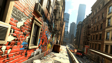 Urban alleyway scene, graffitied brick walls, city buildings