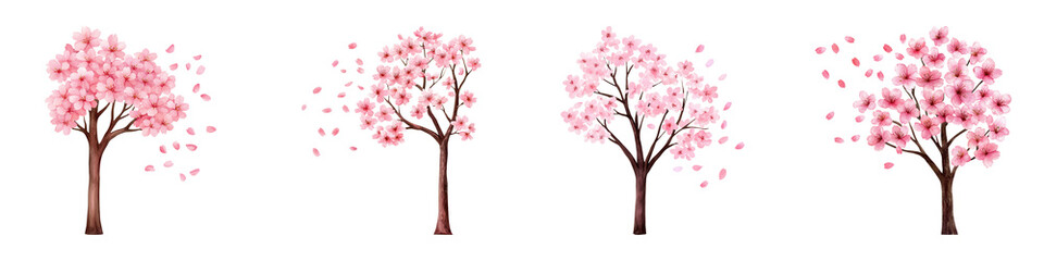 Four stylized trees with pink blossoms, showcasing varying stages of flowering and petal fall.