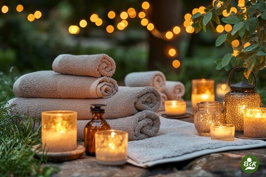 Soft towels are neatly arranged beside glowing candles, creating a tranquil atmosphere in a garden, illuminated by warm decorative lights at dusk Generative AI