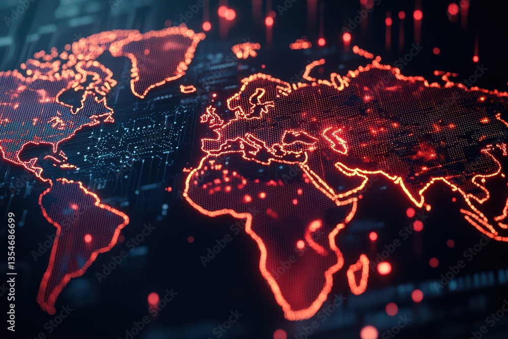 Poster global digital network map in red and black style