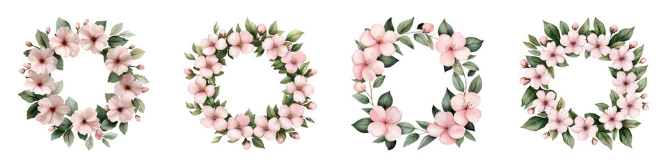 A collection of floral wreaths adorned with delicate pink flowers and lush green leaves, showcasing an elegant and vibrant composition.