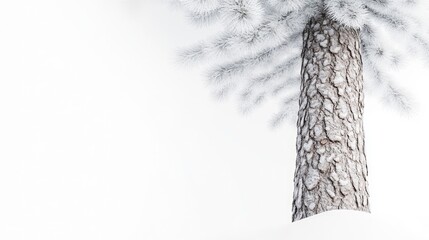 Snowy pine trunk against white background