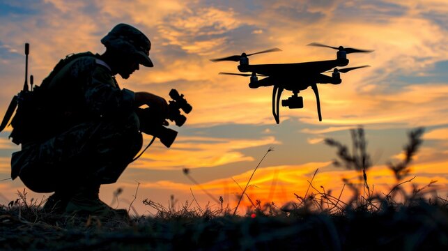 Silhouette of a soldier controlling drones for military operations and surveillance maneuvers