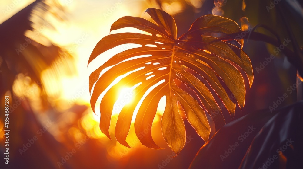 Poster a dramatic backlit monstera leaf creating a silhouette effect with its vibrant edges glowing in the 