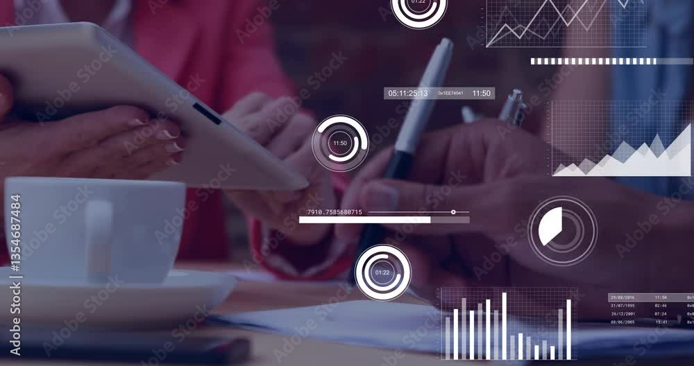 Poster discussing data analytics, business professionals with digital graphs in office setting
