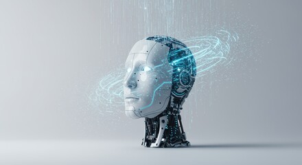 Futuristic robot head design representing smart, intelligent, and fast-thinking artificial intelligence in a clean digital environment