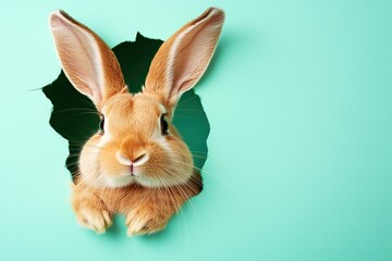 Obraz premium delightful featuring orange rabbit playfully peeking through hole in vibrant turquoise wall