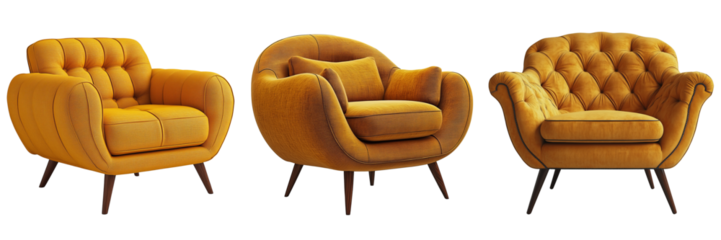 Stylish yellow armchairs contemporary living room furniture collection cozy atmosphere eye-level view modern design on a transparent background