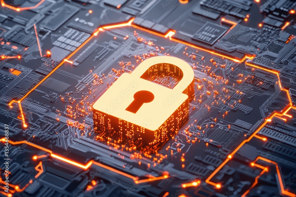 Poster digital security concept with lock and circuit board