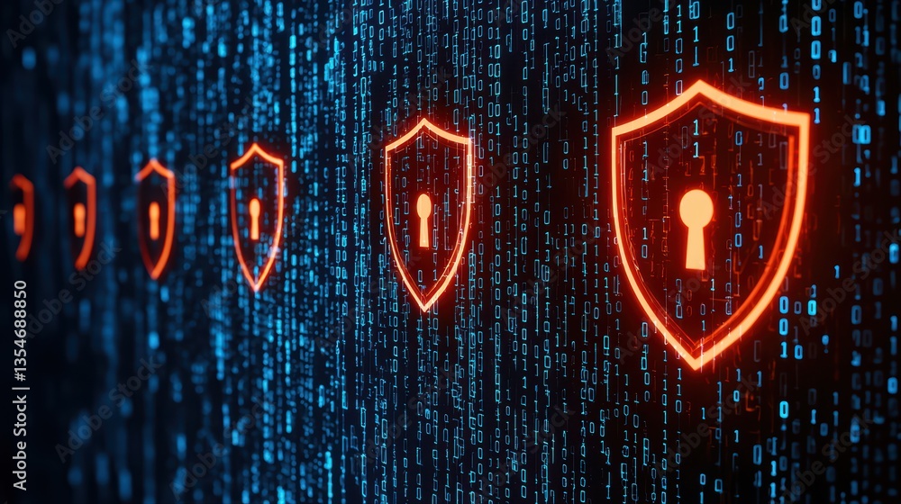 Poster digital security concept with shield and binary code