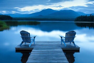 Naklejka premium Relaxing Chairs on Wooden Dock Overlooking Calm Lake and Mountains