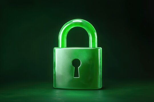Green transparent lock on dark background displaying security