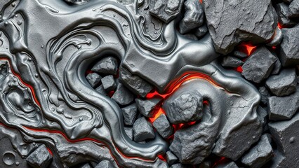Volcanic lava flow with rocks in dark gray and glowing red  