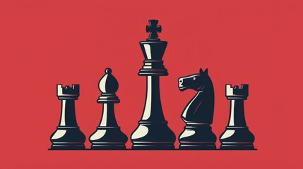 Strategic Chess Pieces on Bold Red Background for Game Planning