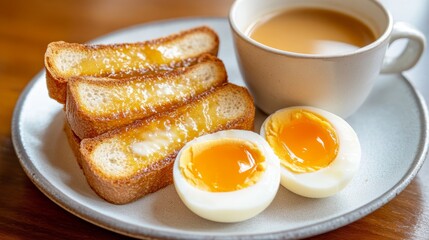 Crispy Malaysian kaya toast served with soft-boiled eggs and a cup of kopi for a delightful breakfast experience