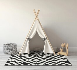 Child's play tent on black and white rug.
