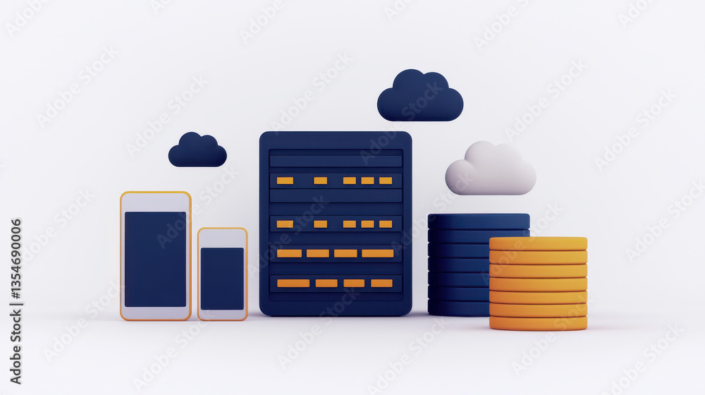Poster a digital illustration of cloud technology with devices and servers, symbolizing data connectivity a