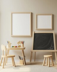 Child's room with wooden furniture, chalkboard, and blank frames.