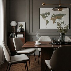 Elegant Dining Room with Wooden Table, Design Chairs, and Cozy Decor