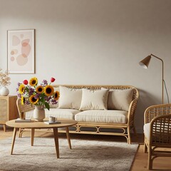 Cozy Living Room with Rattan, Bold Decor, and Vibrant Flowers