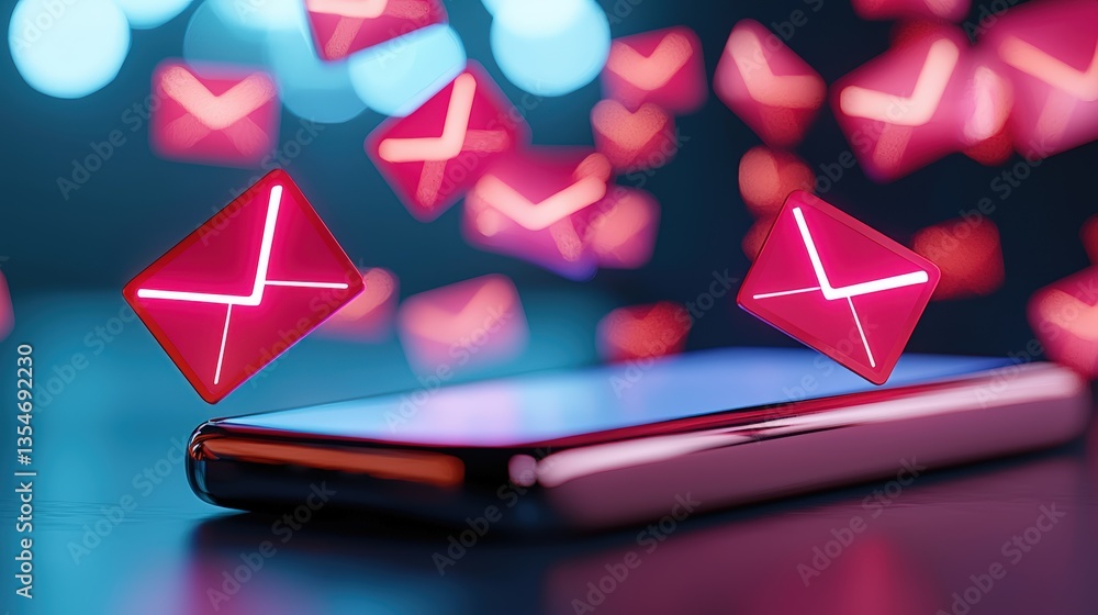 Poster a smartphone displays animated email notifications, with vibrant icons floating around, symbolizing 