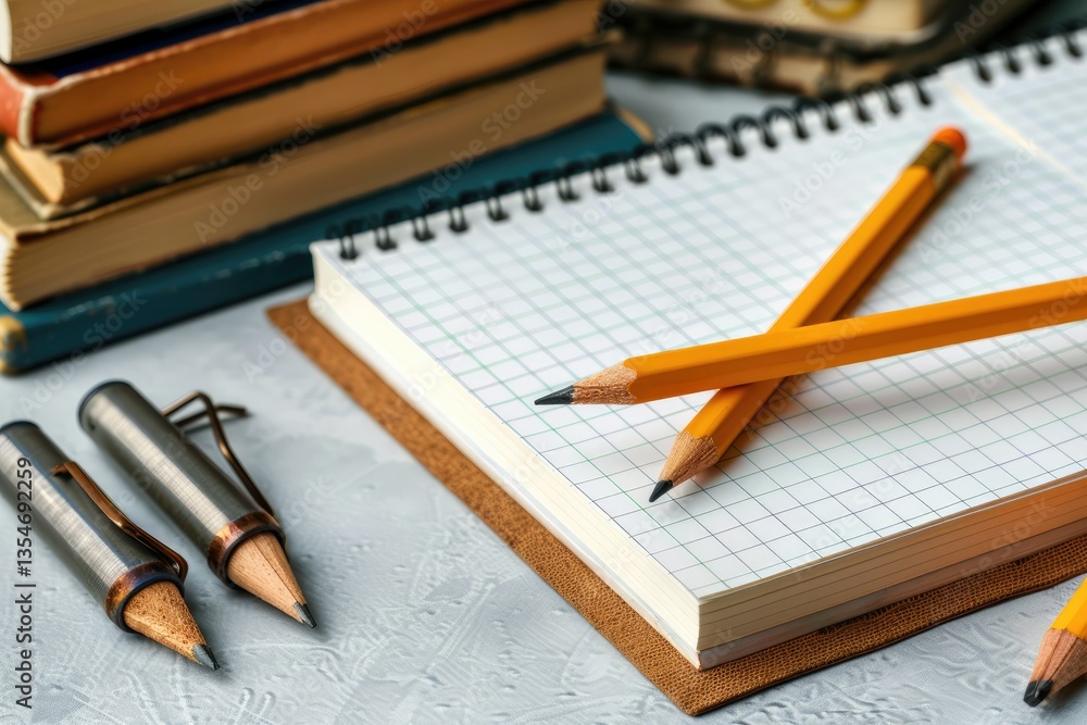 Poster vibrant color image of pencil and sharpener on notepad and books