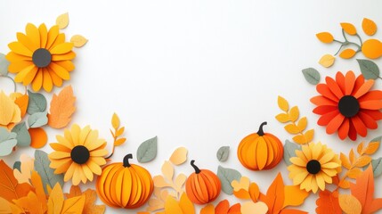 Paper cut orange pumpkins and sunflowers, grass and leaves with space for text on the top on white background. Cut out autumn vegetables harvest garden landscape composition. Botanical abstract card