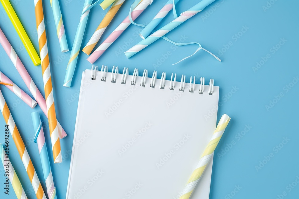 Poster clear pixel image of straws with empty notepad top view