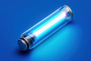 Futuristic battery with neon glow on blue background