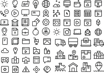 A large set of minimalist, black and white line icons, perfect for representing various business, productivity, and creative tasks.