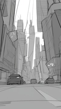 Fototapeta Urban sketch, futuristic city street scene. Possible stock photo use