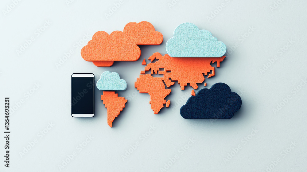 Poster cloud technology concept with smartphone and world map in vibrant colors, symbolizing data connectiv