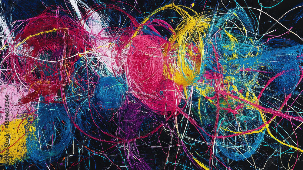 Poster chaotic thoughts expressed through tangled threads and electric pulses in an explosion of color and 