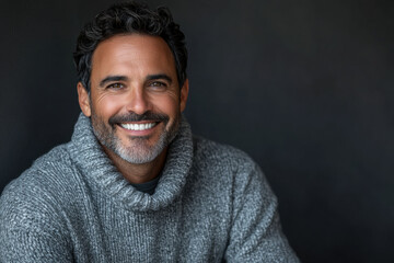 Fototapeta premium Man smiling in grey sweater, standing surrounded by blooming cherry blossom trees in a park during springtime.