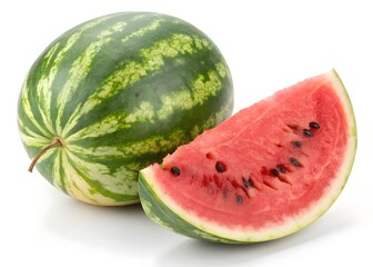 Whole and sliced ripe watermelon, highlighting its juicy red flesh and refreshing appearance."