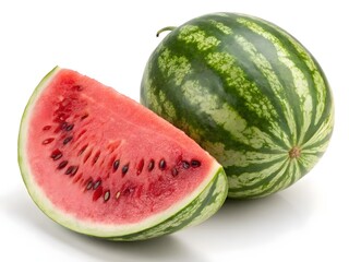 Whole and sliced ripe watermelon, highlighting its juicy red flesh and refreshing appearance."