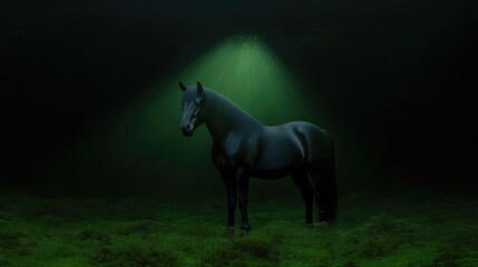Naklejka premium Dark Horse in Misty Forest
