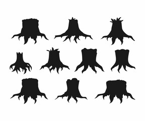 A collection of black silhouette illustrations of tree stumps and their root systems.