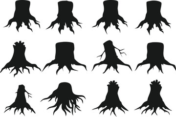 A collection of black silhouette illustrations of tree stumps and their root systems.
