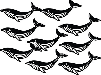 A graphic design showcasing a pod of whales gracefully swimming in a coordinated pattern against a plain white background.