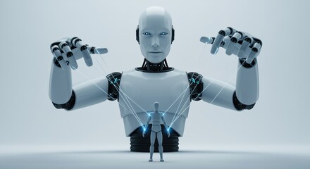 Powerful futuristic robot holding a human like a puppet, symbolizing control, manipulation, and dominance of AI in a digital world